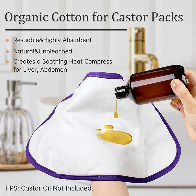 Reusable Castor Oil Pack Wrap for Liver Detox, Castor Oil Wrap for Stomach Less Mess, Elastic Strap Bamboo Cotton Machine Washable Anti Oil Leak 2pcs, Red Flower