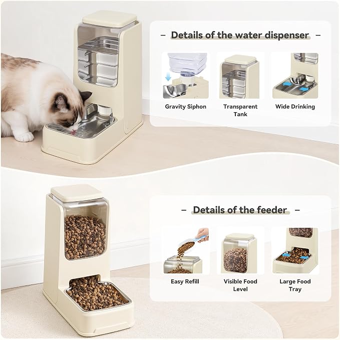 2 Pack Automatic Cat Feeder Stainless Steel Gravity Food and Water Dispenser for Small Medium Kitten Puppy Pets (Cream)