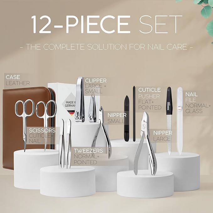 Manicure Set Women and Men – 12-Piece Professional Grooming Kit with Premium Tools, Genuine Leather Case, and exclusive Glass Nail File for Hand & Foot Care, German Quality