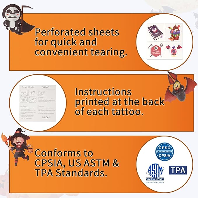 180PCS Halloween Temporary Tattoos for Kids - 60 Designs Waterproof Tattoo Stickers, Party Favor Trick or Treat Gift Supplies for Girls Boys