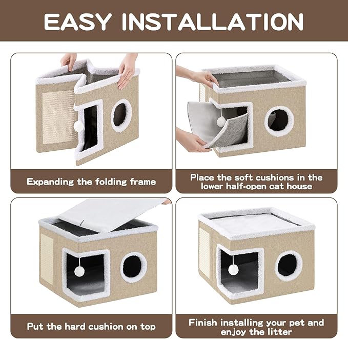 Large Cat Houses for Indoor Cats with Fluffy Ball and Scratch Pad | Foldable Cat Bed Cave for Multiple Pets, Kitten Bed for All Seasons, Non-slip, Hold Up to 30LBS, 16x16x13inch, Khaki