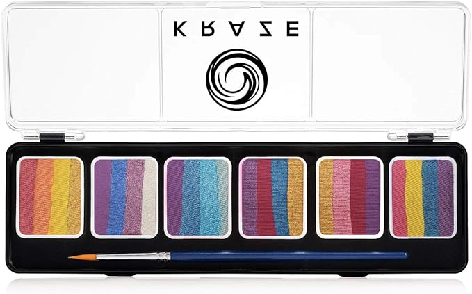 Kraze FX Splash Glam 6 Color Metallic Split Cake Palette (6 gm) with Brush - Water Activated, Hypoallergenic, Safe, Non-Toxic Face Painting Kit for Sensitive Skin, Kids & Adults