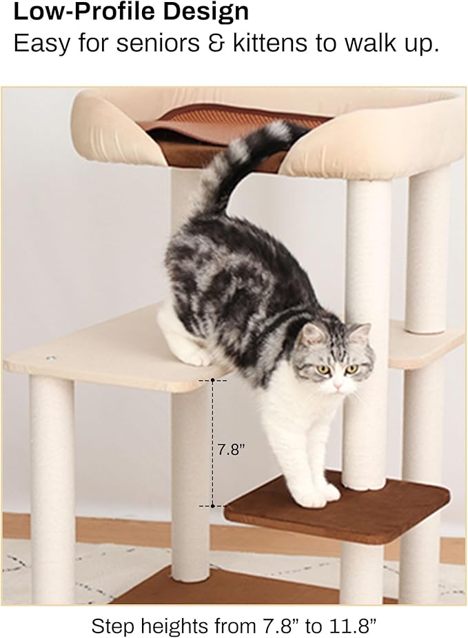 Cat Tree for Large Cats Modern Senior Friendly Wide Shelves 37.4'' | Wide shelves, cotton scratching posts, super sturdy base, cozy perch, interactive toys, luxury fabric