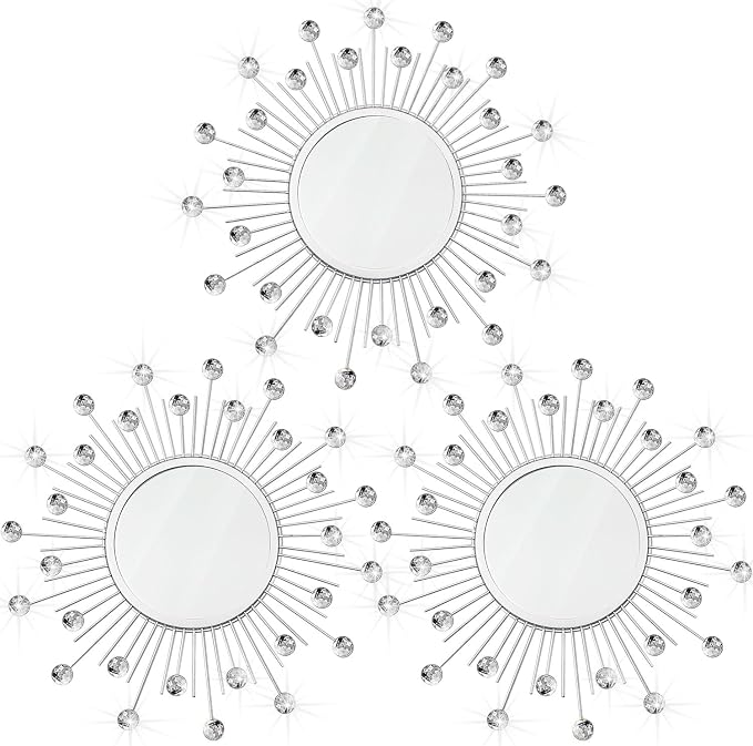 3 Pack Metal Mirrors for Wall Sunburst Wall Mirrors Home Décor Decorative Hanging Wall Art for Living Room Bedroom Entryway (Silver Crystal, Sunburst)