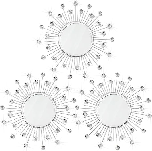 3 Pack Metal Mirrors for Wall Sunburst Wall Mirrors Home Décor Decorative Hanging Wall Art for Living Room Bedroom Entryway (Silver Crystal, Sunburst)