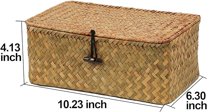 Seagrass Wicker Storage Basket with Lid, Medium, Natural | Shelf Baskets for Organizing, Rectangular Woven Bin Box, Multipurpose Home Storage, Natural Decor, 10.23 x 6.3 x 4.13