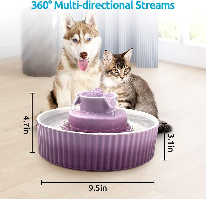 Ceramic Cat Fountain, 2.1L Pet Drinking Fountain for Cat and Dog, Cat Fountain Porcelain, Cat Water Dispenser with Activated Carbon Filter and Sponge Foam Pre-Filter (Purple)