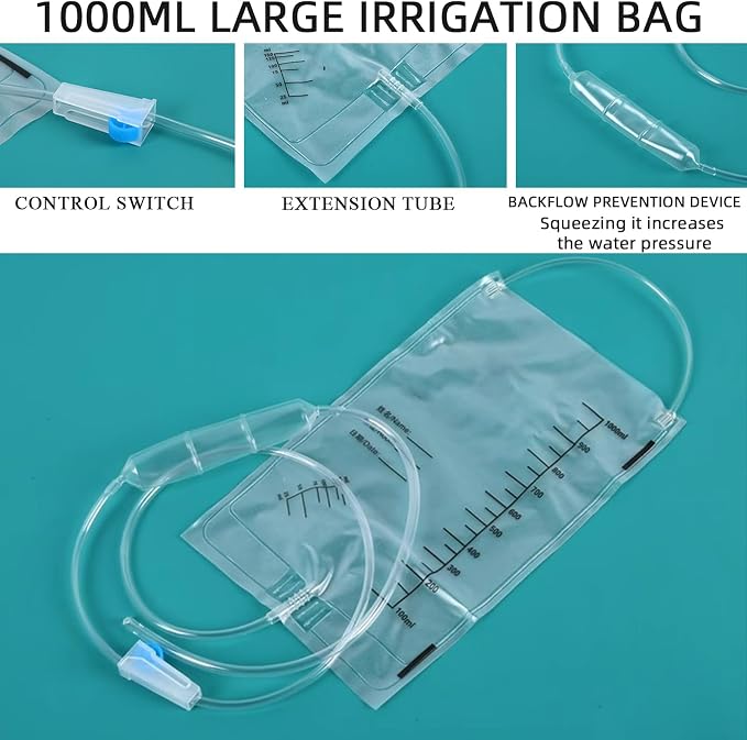 5Pack 1000ML Enema Cleaning Douche System，Travel Enema Kit for Colon Cleansing，Douche Enema Kit for Women & Men with Metal Hook,with 37.7in Hose Disposable Enema Bag Set