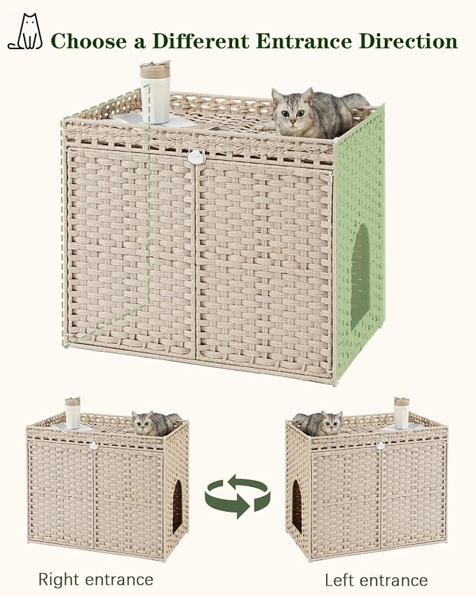 SETVSON Cat Litter Box Enclosure, XL Hidden PE Rattan, Light Khaki | Spacious Double Door PE Rattan, Spacious Nightstand & Cat Perch with Double Doors, Fits Big Litter Tray,2 S-Hooks Metal Frame