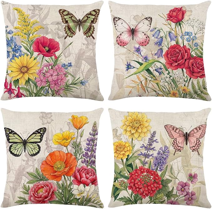 wyooxoo Throw Pillow Covers 20x20 Set of 4 Decorative Spring Pillow Covers Linen Flower Butterfly Farmhouse Pillowcases for Sofa Couch Living Room Outdoor