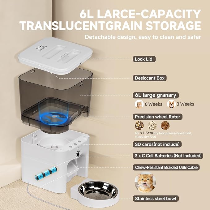Automatic Cat Feeder with Camera, 6L Cat Food Dispenser, Scheduled Auto Pet Feeder, Smart App Remote Monitoring with Night Vision, 5G/2.4G WiFi, Low Food Alerts,2-Way Audio