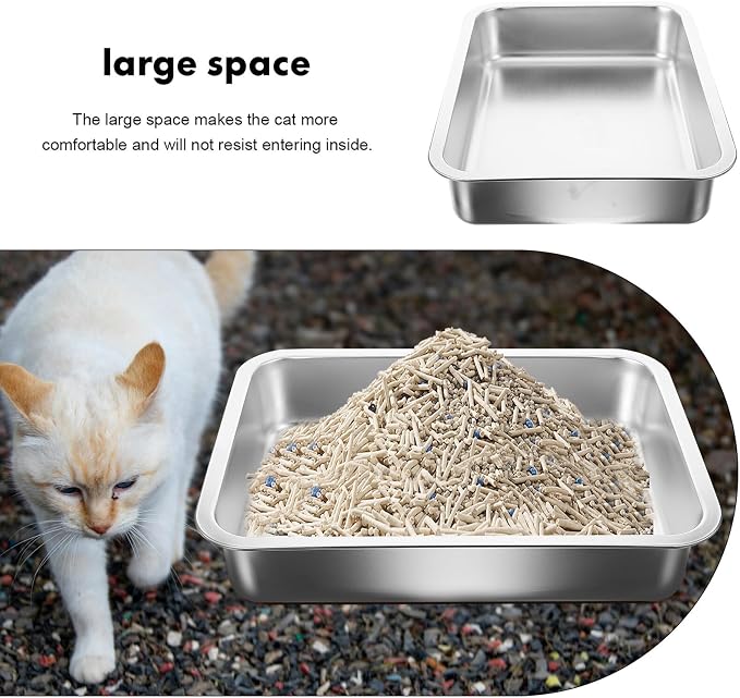Stainless Steel Cat Litter Tray Open Metal Pan Kitten Toilet with Stable Bottom for Easy pet Housebreaking