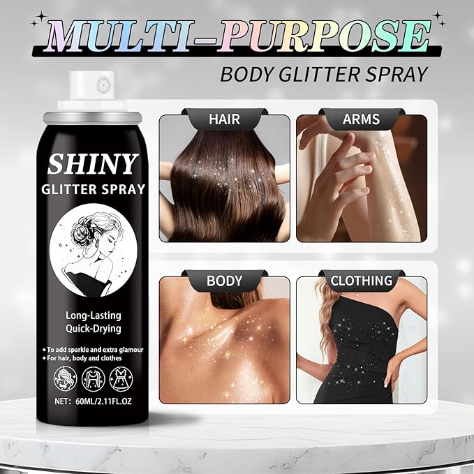 AWCCXMYM Body Glitter Spray Sparkle Hair Glitter Long Lasting and Quick-Drying Face Glitter Spray for Hair and Body,Halloween Christmas Festival Accessories Makeup Prom (2.11 Fl Oz)