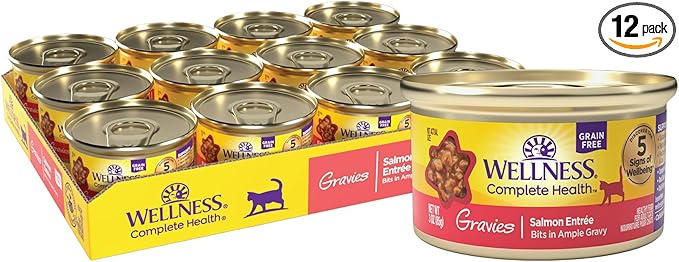 Wellness Complete Health Gravies Adult Canned Wet Cat Food, Natural, Protein Rich, Grain Free, Salmon Entrée Recipe, 3 oz, Pack of 12 Cans