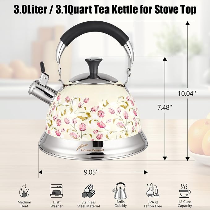 Stainless Steel Whistling Tea Kettle Stovetop - 3.1QT Tea Pot for Stove Top, Vintage Floral Print, Foldable Handle, 304 Stainless Steel Interior Teatop for Tea, Coffee, Party & Gift