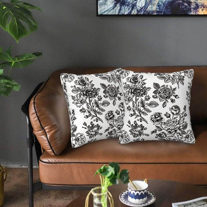 Black White Vintage Floral Throw Pillow Covers 18x18 Inches Set of 2 Farmhouse Square Cushion Cases