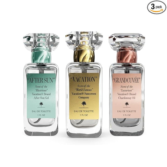 Vacation Eau De Toilette Trio, Signature Scents of "VACATION", "AFTER SUN" & "GRAND CUVÉE", Coconut, Aloe Vera, Argan, Amber & Summer Fragrances, Unisex Perfume Gift Set, 3 x 1 fl oz