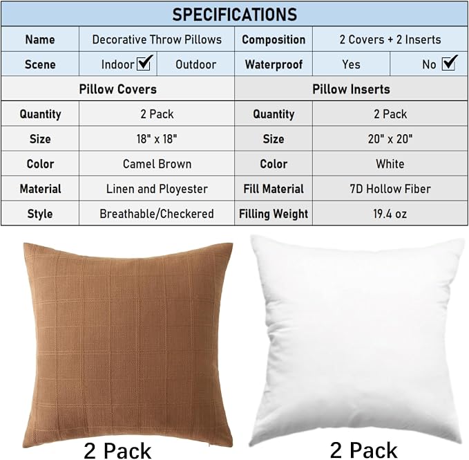 18" x 18" Decorative Throw Pillow with Inserts, Set of 2 Modern Neutral Farmhouse Vintage Throw Pillows, Square Boho Pillow for Couch, Bed, Sofa Decor (Brown, 18" x 18"(Pack of 2))