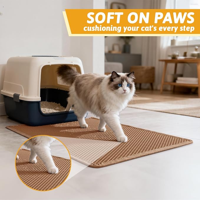 Pieviev Litter Mat, Double-Layer Waterproof Litter Trap, 30" x 24" Brown | Honeycomb Design Catches Scattered Particles to Stop Tracking, Urineproof Base Protects Floors, Easy to Clean