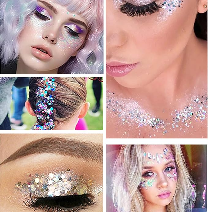 Body Glitter White & Silver & Pink 150ml Face Hair Self Adhesive Gel Accessories Cosmetic Glitter Long Lasting Chunky Sequins Glitters for Eye Lip Nails Gel Festival Rave