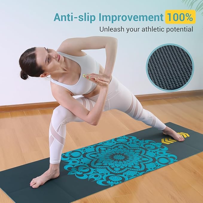 Avoalre Folding Yoga Mat, Eco-Friendly PVC Travel Yoga Mat Packable, Double Sided Non-Slip Printed Yoga Mats with Bag for Home Workout Gym Exercise Fitness Pilates Stretching (72" x 32" x 0.24" Thick)