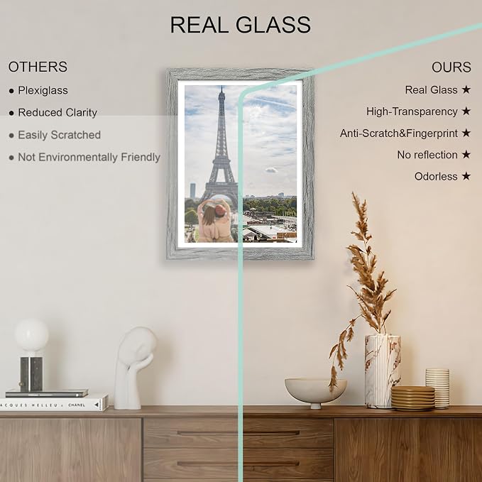 Hongkee 11x15 Picture Frame Set of 4, Made of Real Glass and Grey Frame - Display Picture 10x14 with Mat or 11x15 Without Mat, 11 by 15 Photo for Wall Mounting
