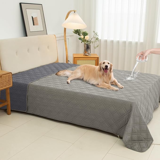 100% Waterproof Washable Dog Blanket，Light Gray+Gray， 82"x92" | ,7-Layer Reversible Couch Covers for Dogs Met for Sofa Furniture Car Camping