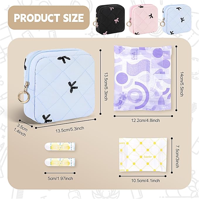 Period Bag for Teen Girls, Quilted Sanitary Napkin Storage Bag, Cute Bow Tie Menstrual Pad Pouch Tampon Holder (Pink)