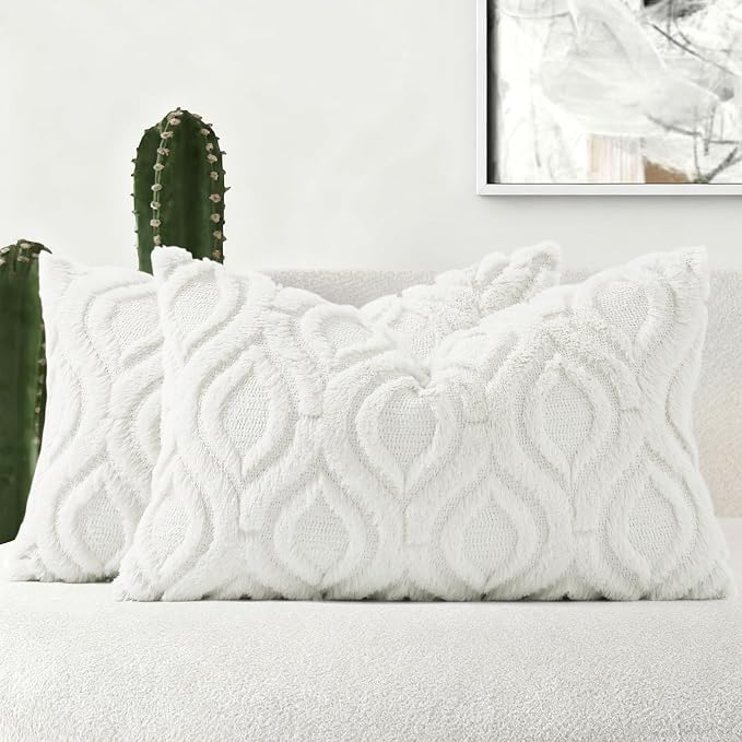 decorUhome Faux Fur Soft Cream White Throw Pillow Covers 12x20 Set of 2 | Plush Solid Fall Couch Pillow Covers, Accent Modern Farmhouse Neutral Decorative Square Pillow Cases for Sofa Bed Living Room