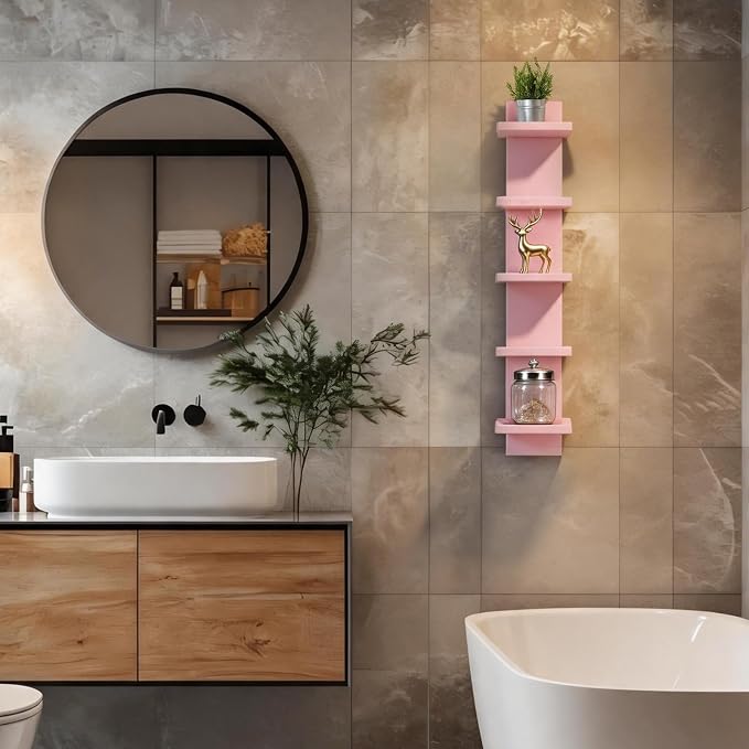 5 Tier Floating Wall Shelf, Pink | Modern Vertical Shelving Pink Room Decor Corner Shelf for Entryway, Bedroom, Bathroom, Study Room and Living Room
