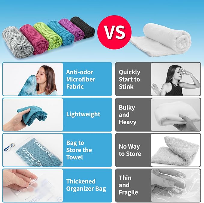 YESLIFE 6 Pack Cooling Towels (40"x12"), Gym Sweat Towels, Cooling Neck Wraps, Soft Breathable Microfiber Towels for Yoga, Running, Sport, Workout, Camping & More (Multicolor)