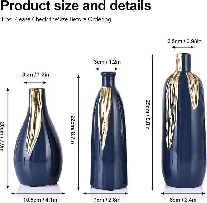 Blue and Gold Vase Set of 3, Modern Ceramic Decorative Vases for Living Room, Bedroom, Art Decor, Mantle, Home Event Decor, Office Decorative, Weddings, Rustic & Farmhouse (Blue Gold)