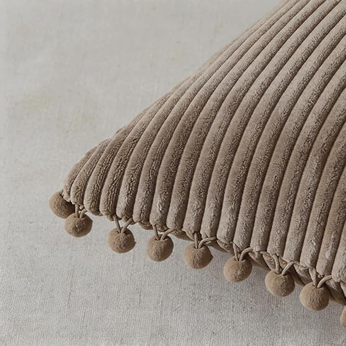 Fancy Homi Set of 2 Light Brown Decorative Throw Pillow Covers 20x20 Inch with Pom-poms, Boho Soft Corduroy Solid Square Cushion Cases Set for Couch Sofa Bedroom Car Living Room 50x50 cm
