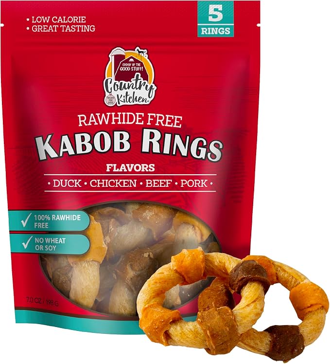 Country Kitchen Rawhide Free Kabob Rings 4 Flavor Variety Pack, 5 Count | Protein Dog Treats,Made with Real Chicken, Beef, Pork, and Duck, Chewy, Airy Texture