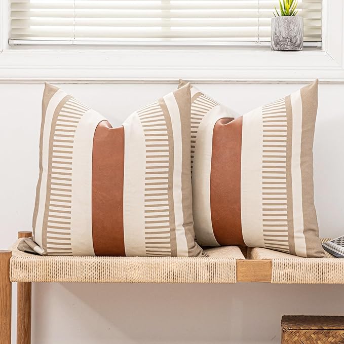 2 Pack 18x18 Inch Pillow Covers - Brown Faux Leather & Tan Stripe Print Soft Canvas Splicing, Same Pattern Both Sides | for Sofa Couch Bed Living Room, Farmhouse Industrial Minimalist Decor