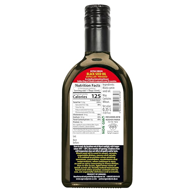 Black Seed Oil Cold Pressed Glass Bottle 11.83 OZ from Ukraine - Black Cumin Seed Cooking Oil for Soups, Salads, Baking