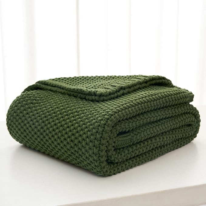 Chunky Cable Knit Throw Blanket Lightweight Olive Green 100% Organic Cotton Blanket for Sofa Couch Bed Baby Nursery, Rustic Shabby Chic Modern Farmhouse, 60” x 80” Give Laundering Bag