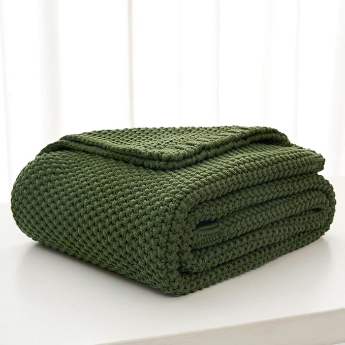 Chunky Cable Knit Throw Blanket Lightweight Olive Green 100% Organic Cotton Blanket for Sofa Couch Bed Baby Nursery, Rustic Shabby Chic Modern Farmhouse, 51” x 63” Give Laundering Bag