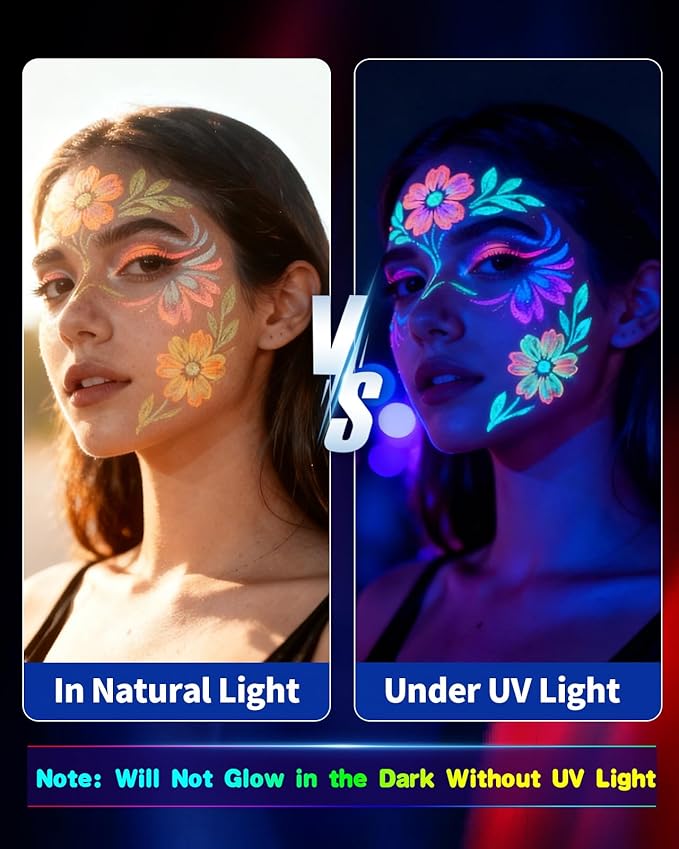 Oiomniv Glow in The Dark Face Paint Markers, 10 Colors UV Neon Body Paint Pens, Waterproof & Skin-Safe Blacklight Tattoo Markers, Washable Temporary Tattoo Pens for Christmas, Festivals & Parties
