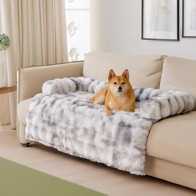 Dog Couch Bed, Calming Luxurious Large Pet Sofa Bed Cover | Comfort Dog Sofa Mat for Extra Large Dogs, Faux Rabbit Fur, Raised Protective Bolster, Non-slip, 47"×33.5"×6", Tie-dye Grey