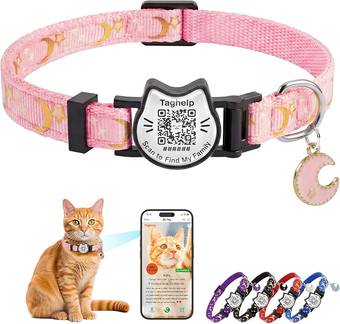 Star and Moon QR Code Cat Collar - Breakaway Safety Reflective Collar with Custom Engraved Tag, Adjustable Personalized Kitten Collar for Pet Tracking & Contact Info, Includes & Secure Buckle(Pink)