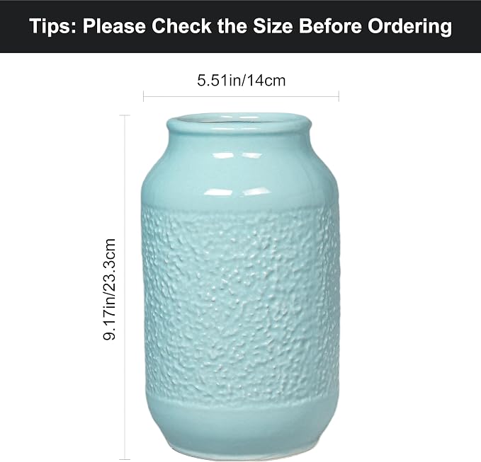 Blue Ceramic Vase for Home Decor - 9 Inch Textured Flower Vase for Table Centerpiece - Modern Decorative Pottery Vases for Flowers, Living Room, Shelf, Mantle Decor