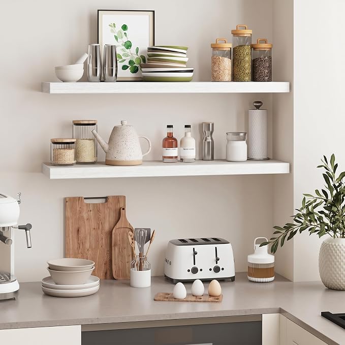 Fixwal Floating Wall Shelves for Decor (White, Set of 2, 35.4Inch) | MDF Shelf with Metal Brackets, Space Saving for Books , Decor, Fits Bathroom, Kitchen, Bedroom, or Office