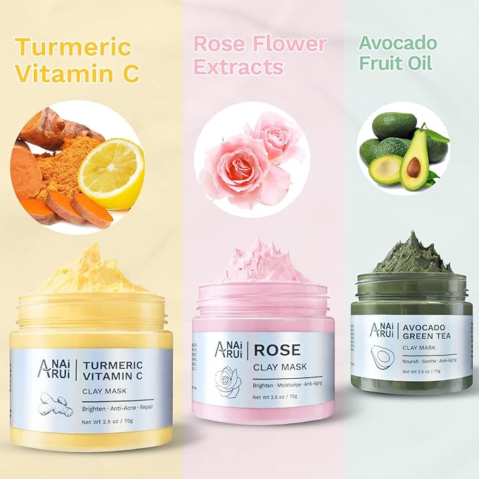 ANAI RUI 3 Pack Pore Purity Cleansing Clay Mask Set Absorbs Excess Oil,Turmeric Vitamin C Clay Mask -Rose Facial Mask -Avocado Green Tea Mud Mask,Facial Mask Skincare for Deep Cleansing 2.5 oz each