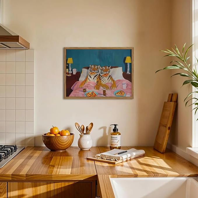 Framed Funny Tiger Wall Art, Eclectic Tigers Eating Pizza in Bed Pictures Wall Decor, Whimsical Animal Paintings Canvas Prints Humor Home Decor for Living Room Bedroom Office 12x16 inch