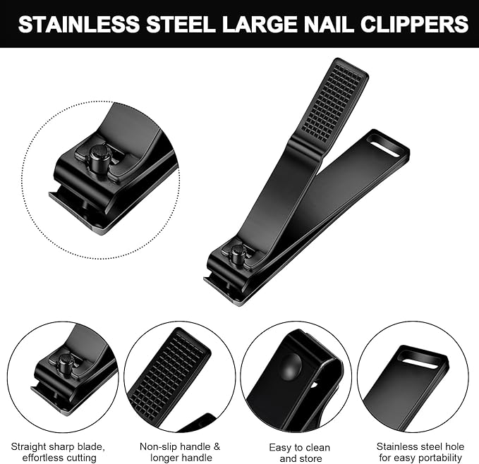 Mudder 6 Pcs Silver and Black Large Toenails Clippers Nail Clippers Straight Edge Toenails Cutters Stainless Steel Nails Trimmer Cutters for Men Women Thick Nails Straight Sharp Blade Anti-slip Handle