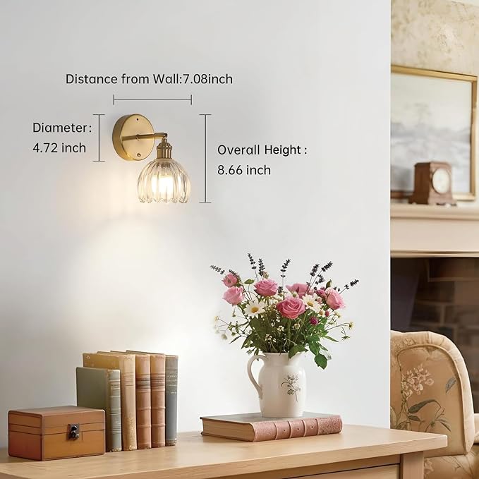 Shenmoyl Battery Operated Vintage Wall Sconces with Transparent Tulip Glass Lampshade Battery Powered Wall Lighting for Bedside Bedroom Doorway, Set of 2