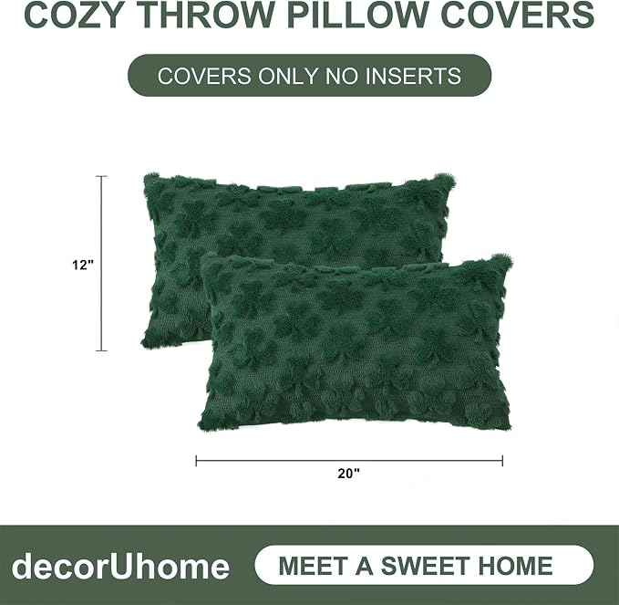 decorUhome Faux Fur Throw Shamrock Green Pillow Covers 12x20 Set of 2 | Plush Soft Wool St. Patrick’s Day Throw Pillow Covers, Accent Modern Farmhouse Pillow Covers Holiday Decor for Sofa Bed
