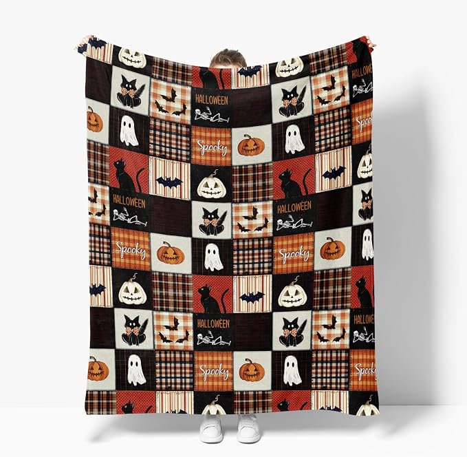 Horaldaily Halloween Grid Pumpkin Cat Bat Ghost Flannel Throw Blanket 40x50 | All Season Using Ultra Soft Fuzzy Plush Cozy Non-shedding Blanket for Couch Sofa Bed Camping, Ideal Gift for Kids Adults