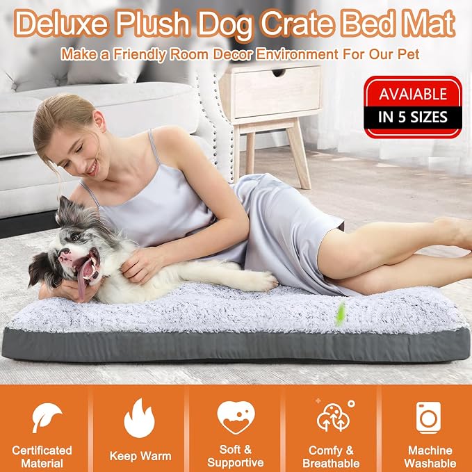 POCBLUE Deluxe Washable Dog Bed for Large Dogs Dog Crate Mat 35 Inch Comfy Fluffy Kennel Pad Anti-Slip for Dogs Up to 60 lbs, 35" x 23", Grey (Pack of 2)